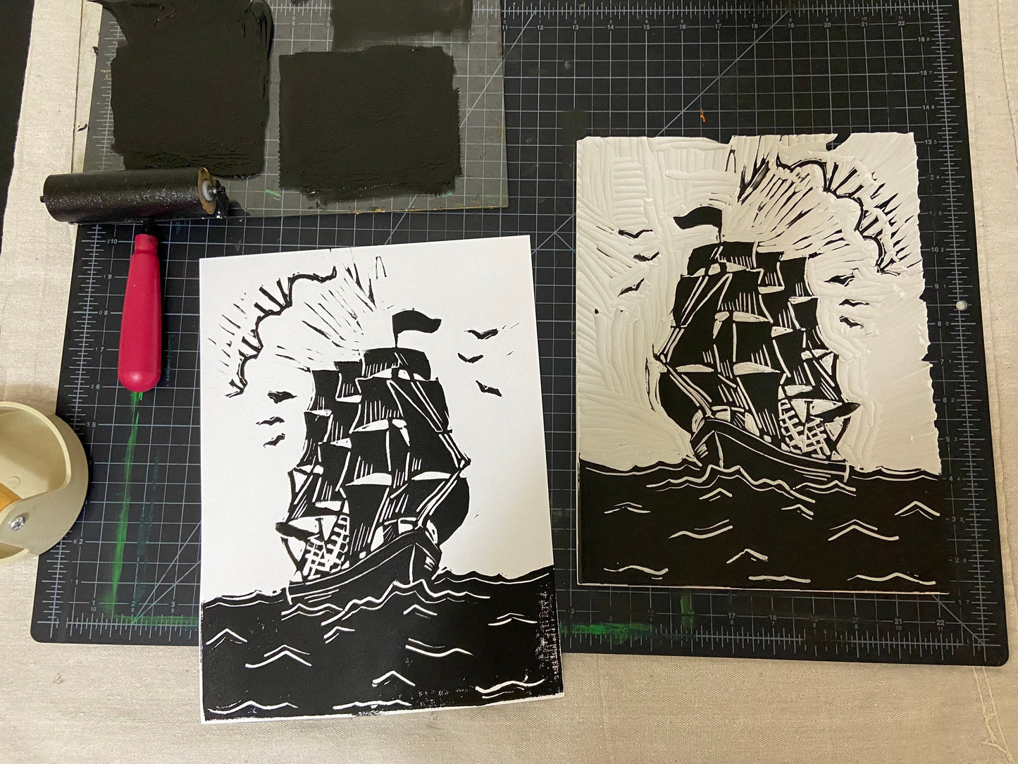 Clipper Ship Lino Block Print, 9x12”