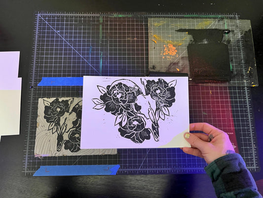 Floral Sheep Skull Lino Block Print