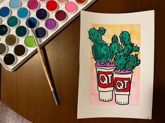 QT Gas Station Cacti Cup Watercolor, one of one.