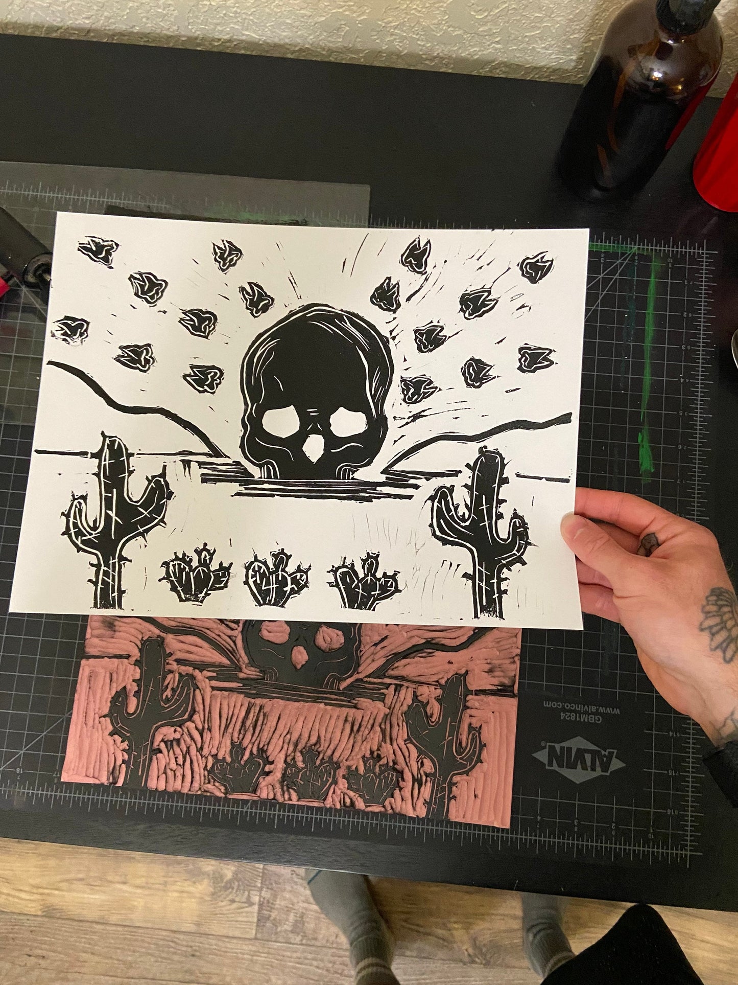 Sunset Skull Desert Lino Block Print