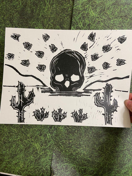 Sunset Skull Desert Lino Block Print
