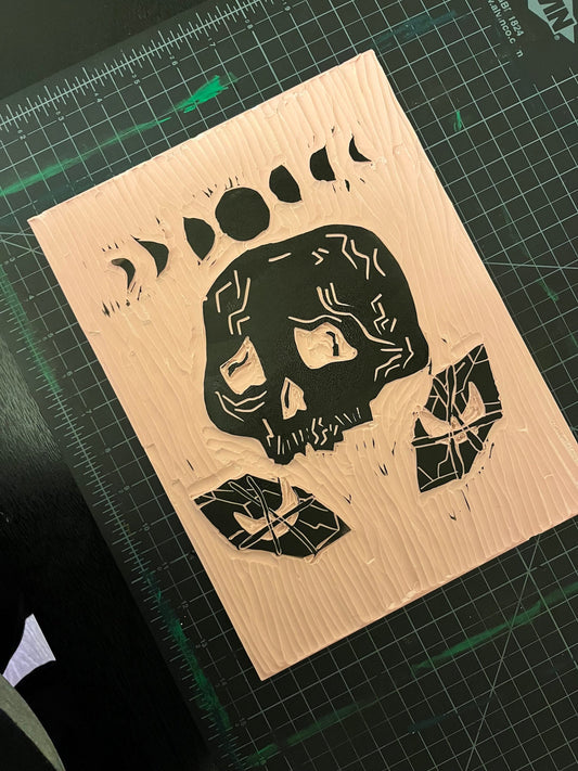 Moon Phase Skull and Crystal Linoblock Print
