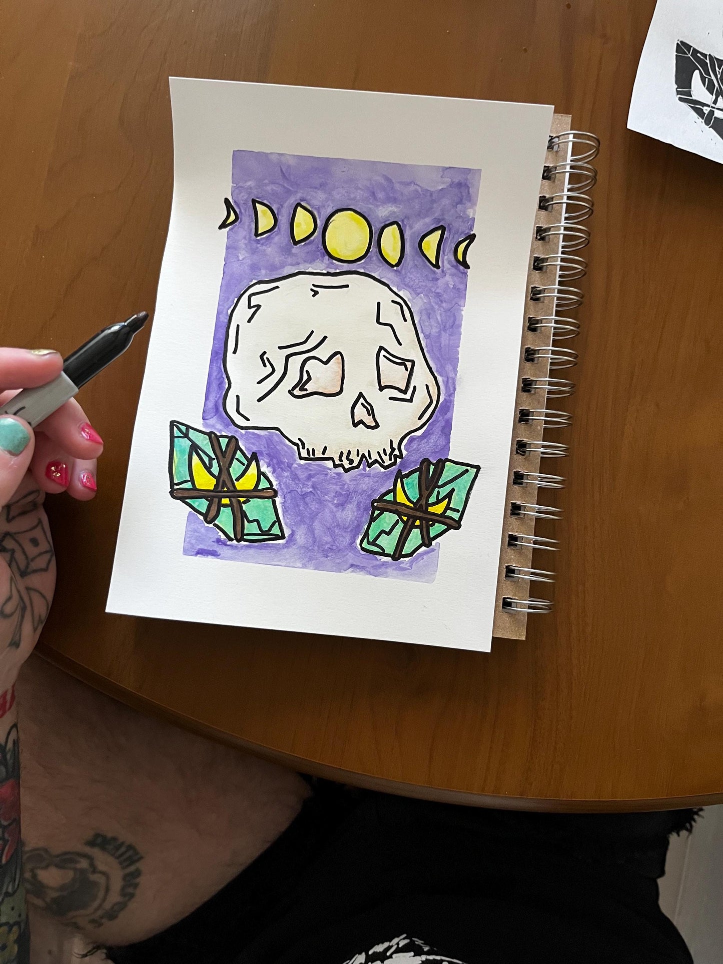 Skull, Moon and Crystal Watercolor, one of one.