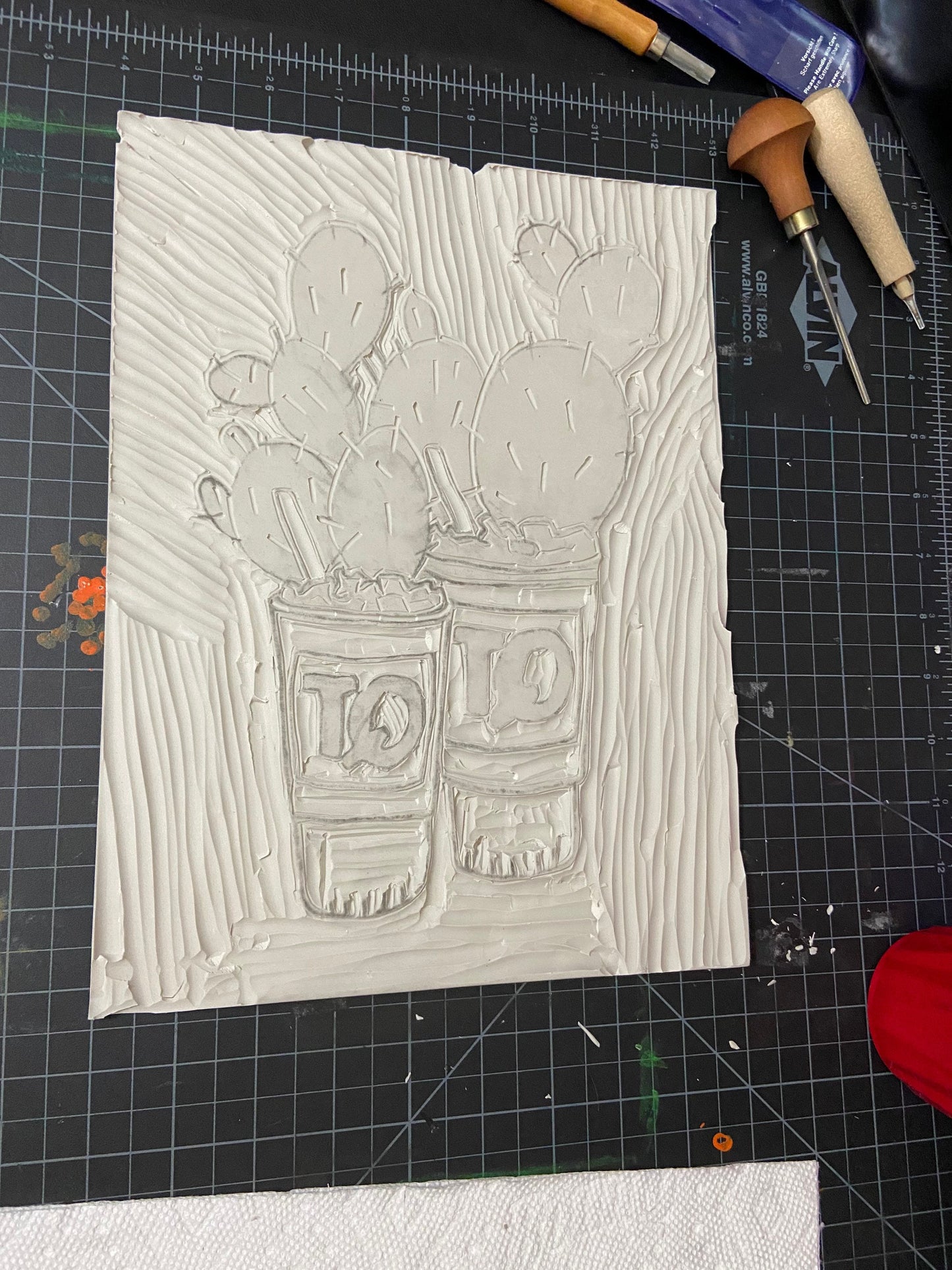 Gas Station Cactus Cup Lino Block Print, 9x12