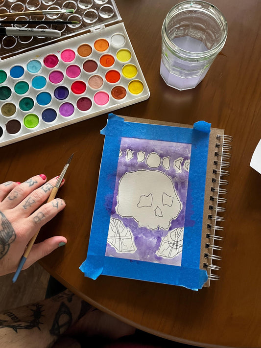 Skull, Moon and Crystal Watercolor, one of one.