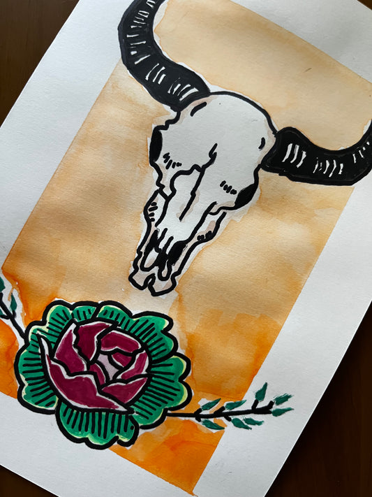 Steer Skull Floral Watercolor, one of one.