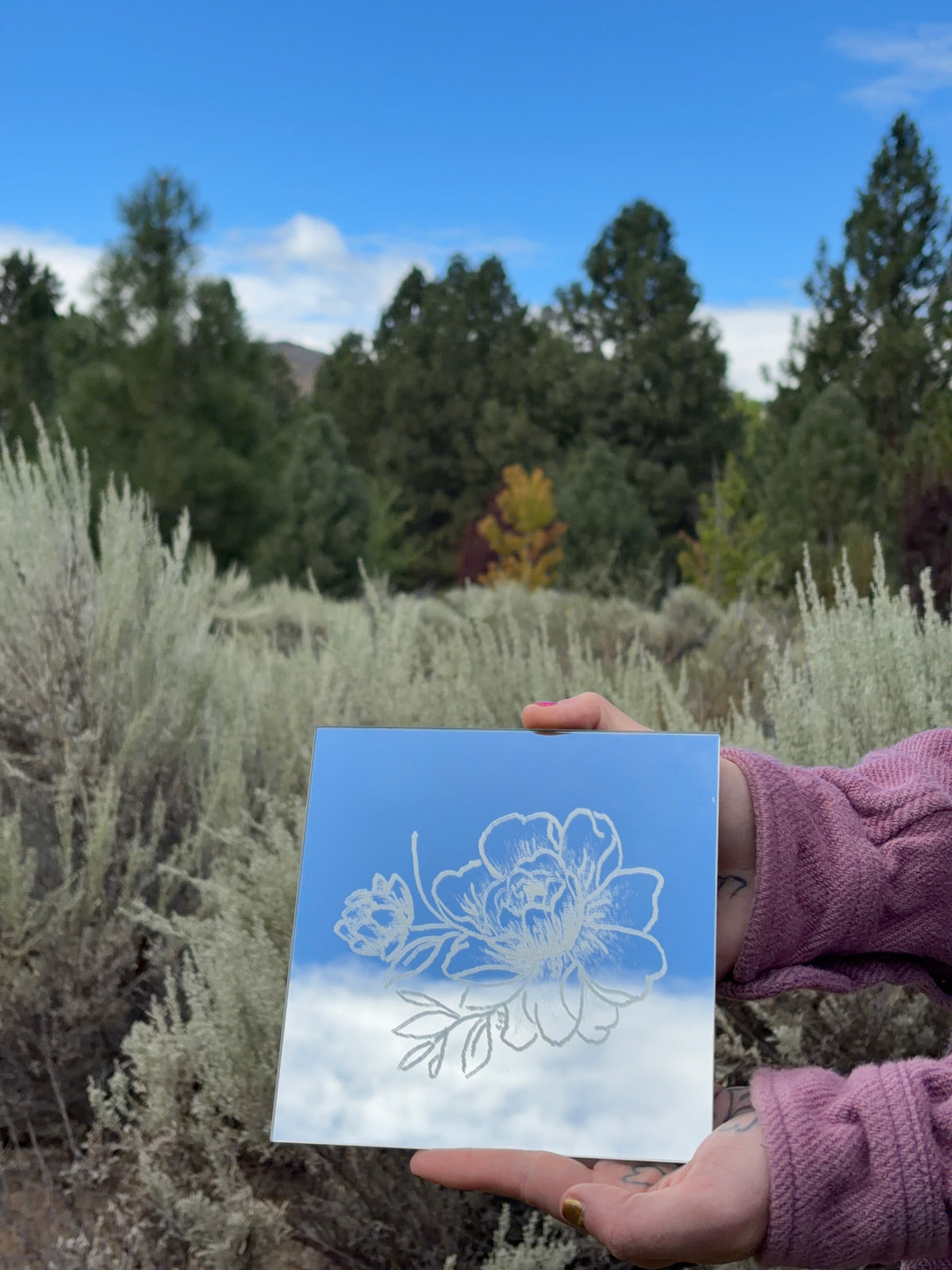Floral Etched Square Mirror