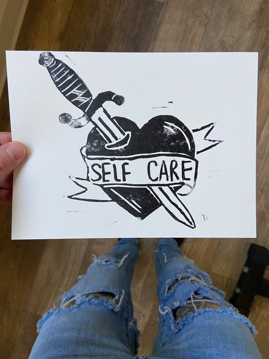 Self Care Dagger Heart Banner Lino block print