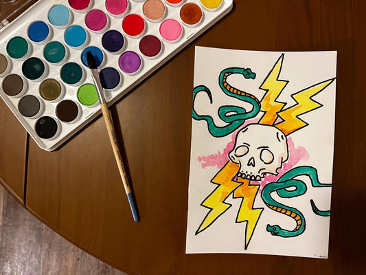 Skull, Snake and Lightning Watercolor, one of one.