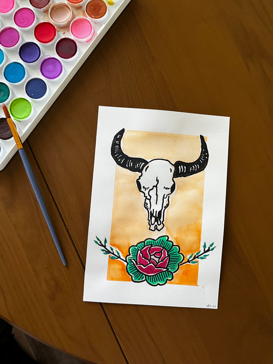 Steer Skull Floral Watercolor, one of one.