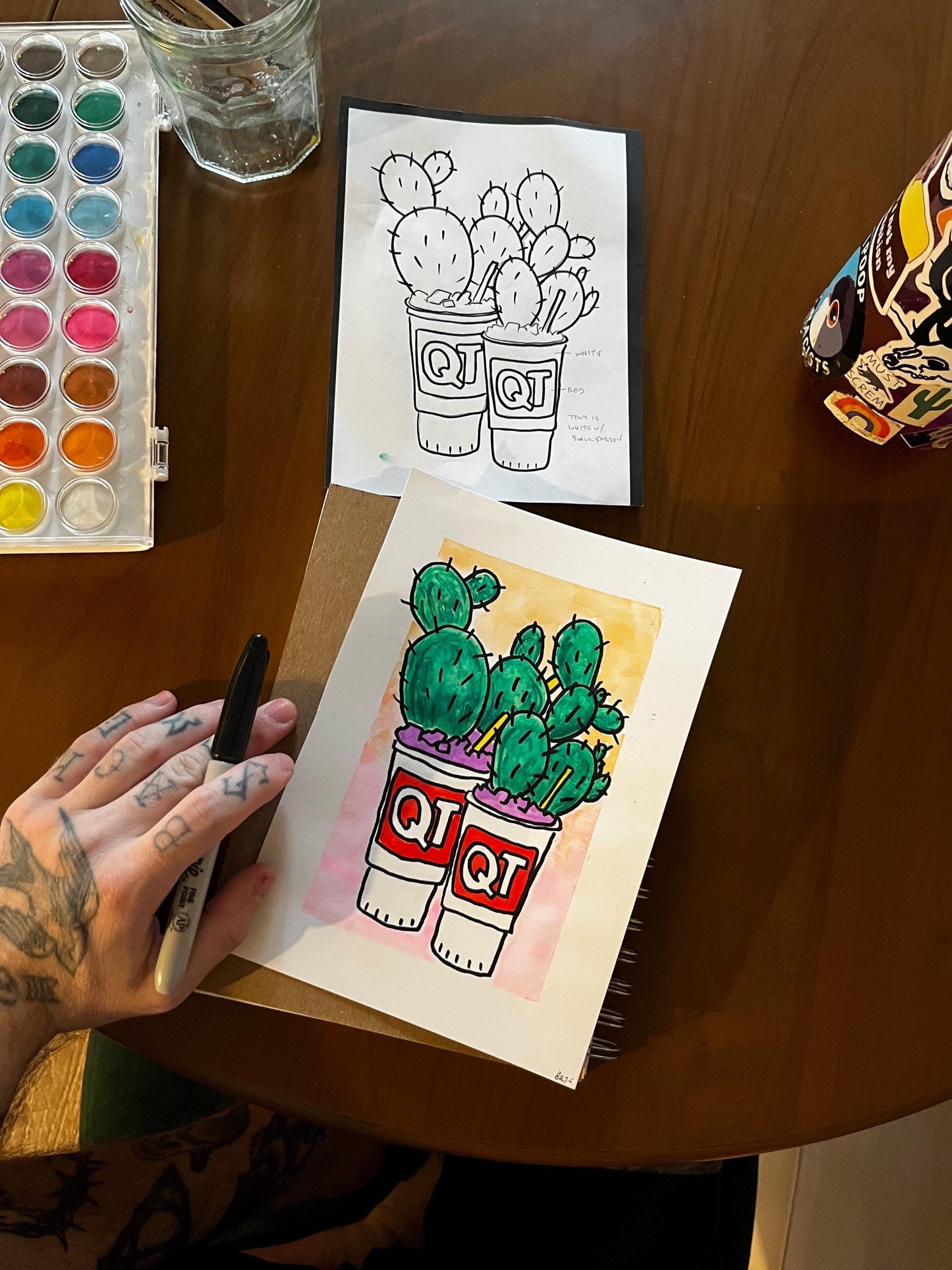 QT Gas Station Cacti Cup Watercolor, one of one.