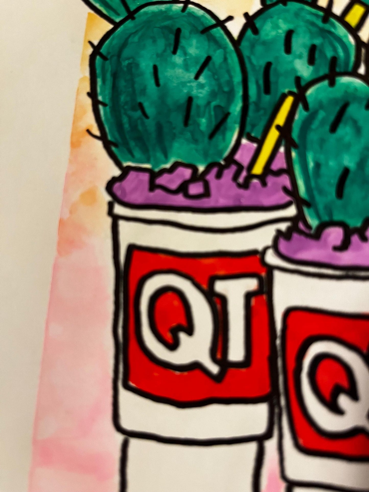 QT Gas Station Cacti Cup Watercolor, one of one.