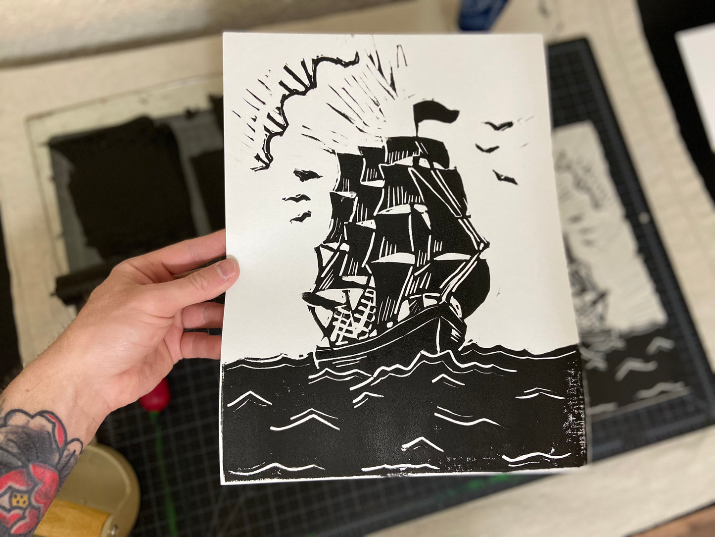 Clipper Ship Lino Block Print, 9x12”