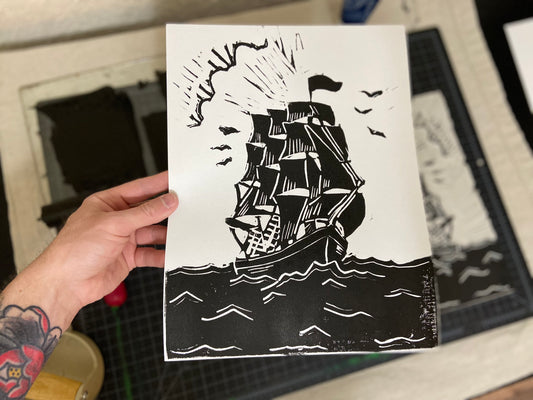 Clipper Ship Lino Block Print, 9x12”