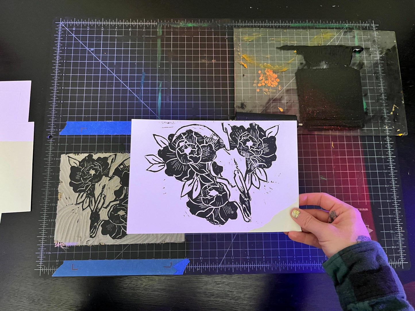 Floral Sheep Skull Lino Block Print