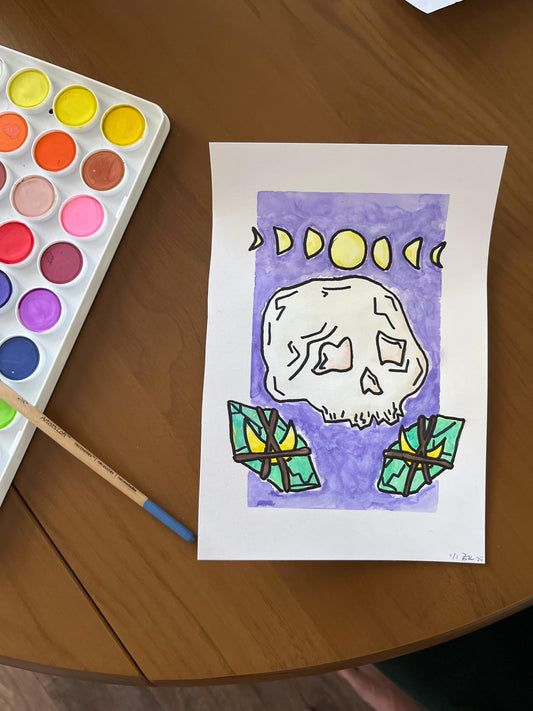 Skull, Moon and Crystal Watercolor, one of one.