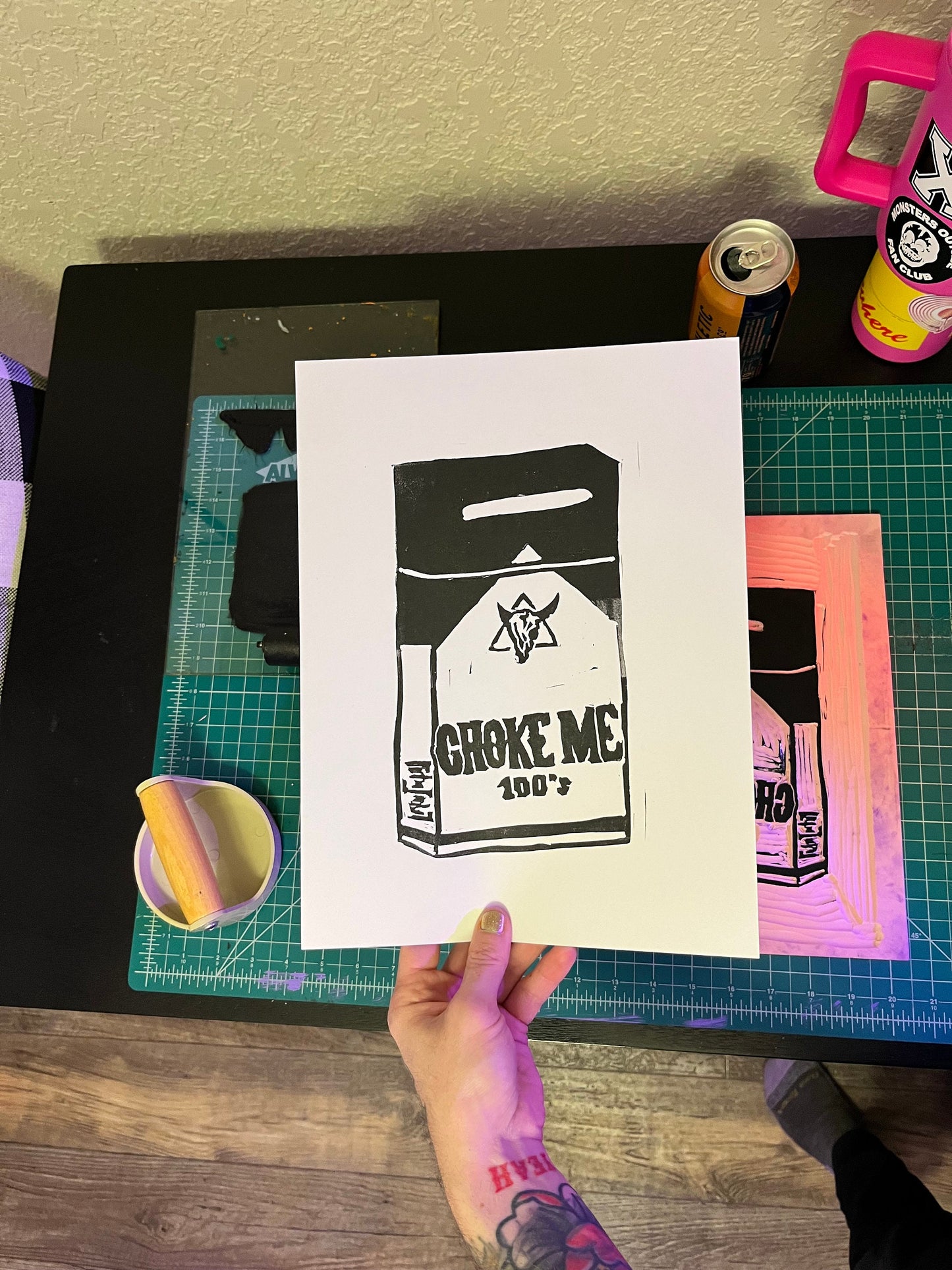 Choke Me Cigarette 12x9 Linoblock Print