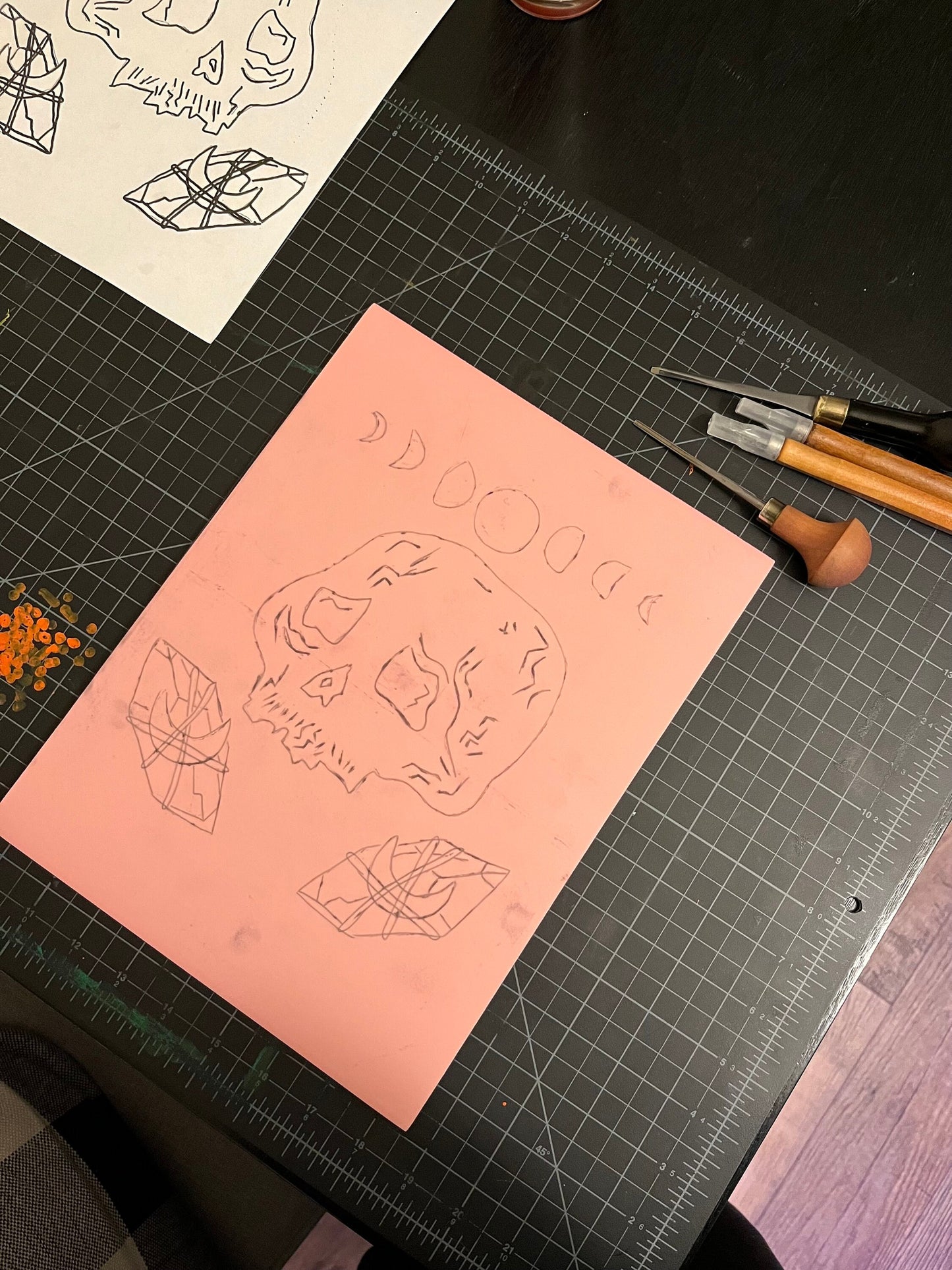 Moon Phase Skull and Crystal Linoblock Print