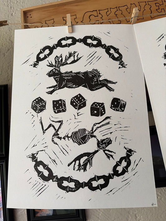 Dicey Jackalope Lino Block Print
