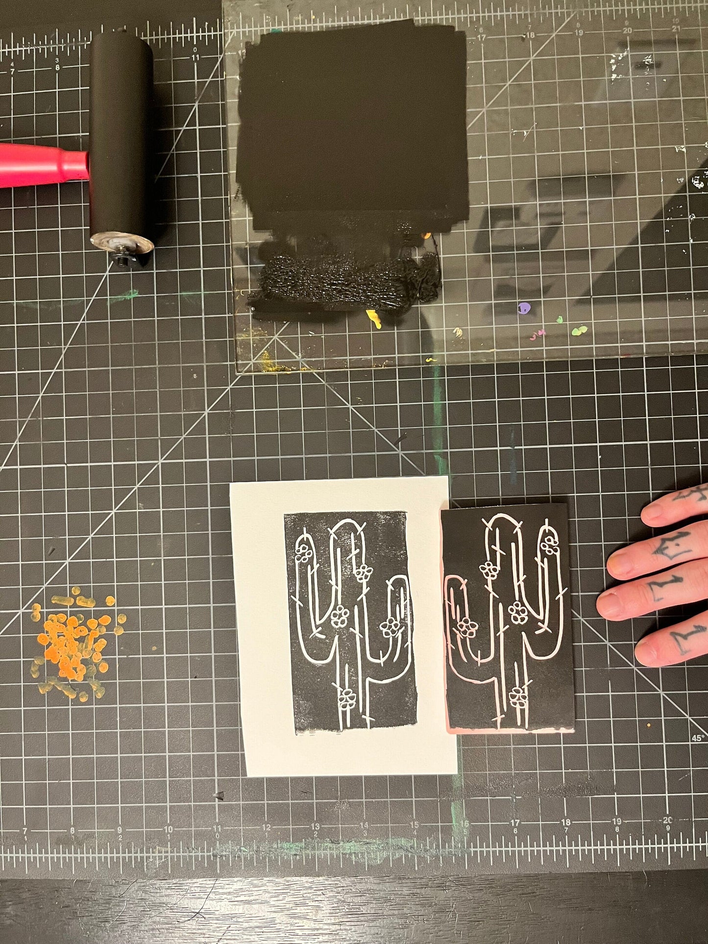 Mini Cactus Flower Lino Block Print. 6x5