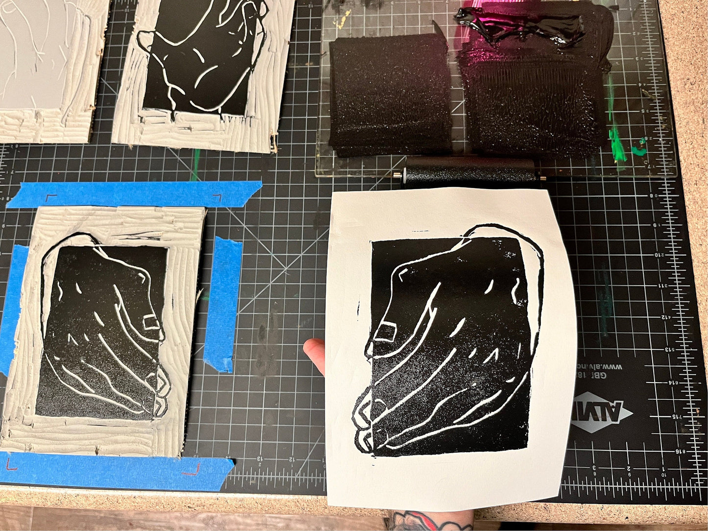 Triple Hand Gestures Lino Block Prints 6x8”