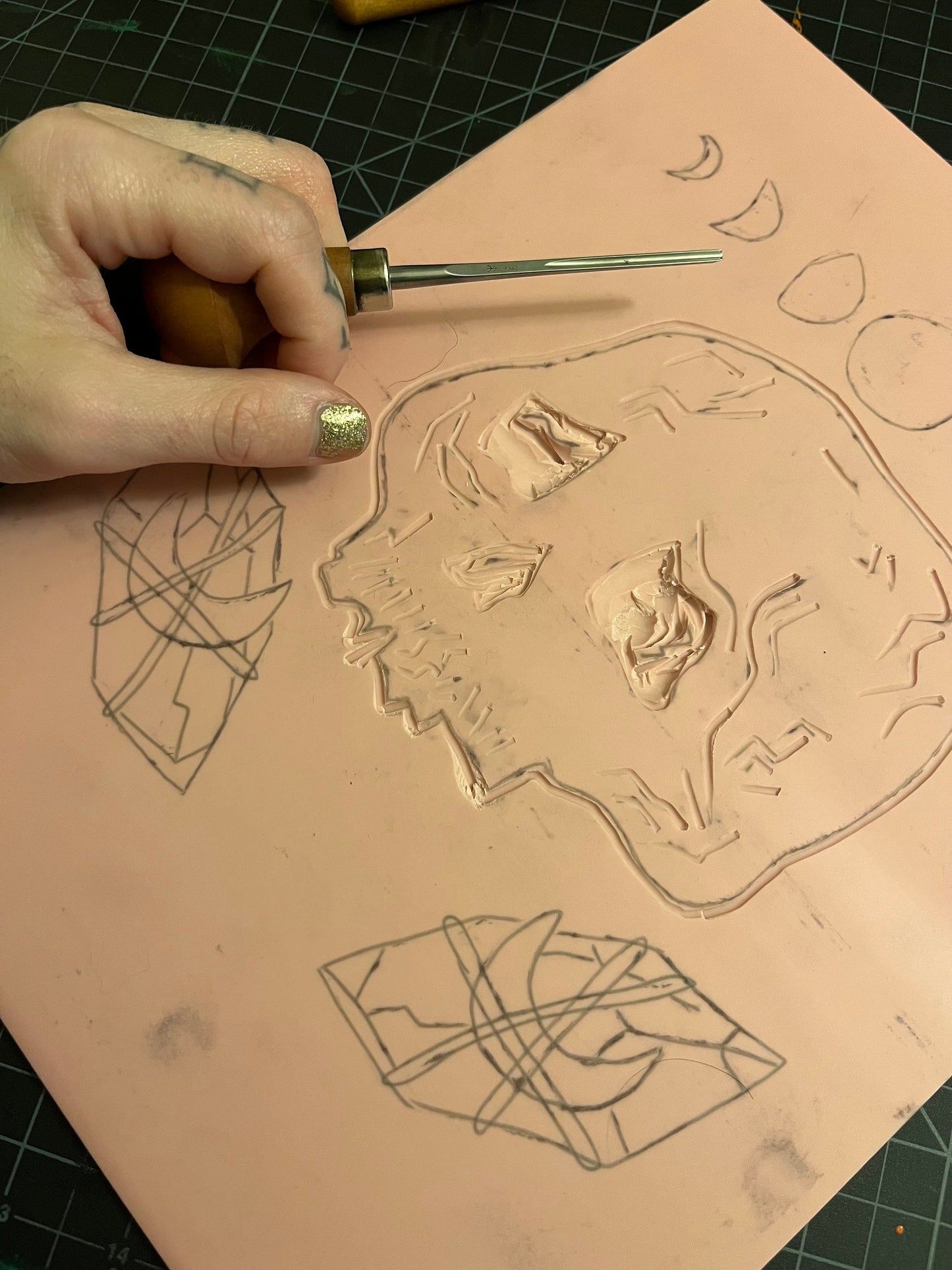 Moon Phase Skull and Crystal Linoblock Print