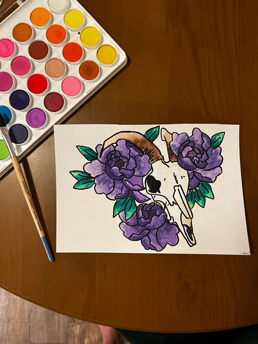 Sheep and Flower Watercolor, one of one.