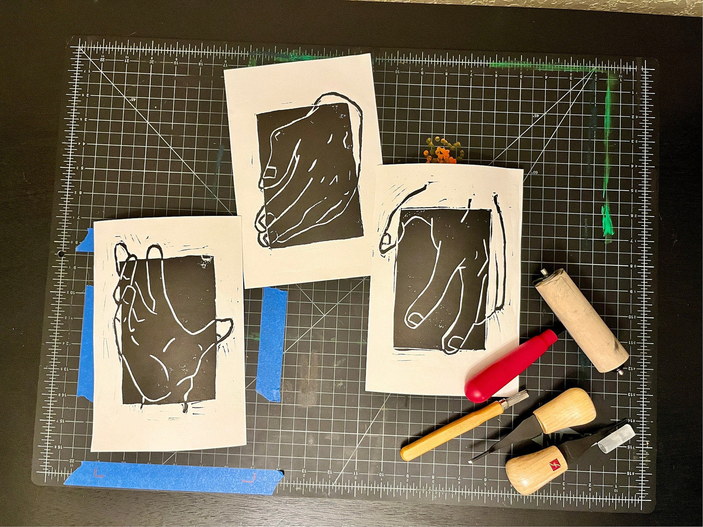 Triple Hand Gestures Lino Block Prints 6x8”