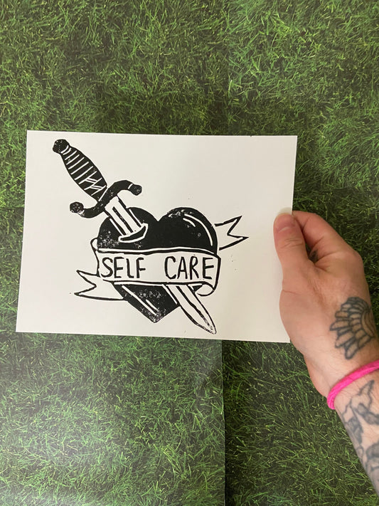 Self Care Dagger Heart Banner Lino block print