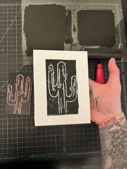 Mini Cactus Flower Lino Block Print. 6x5
