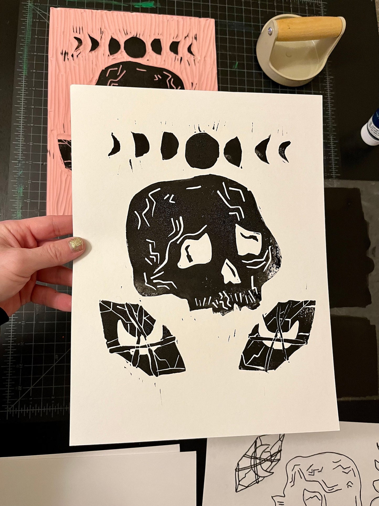 Moon Phase Skull and Crystal Linoblock Print