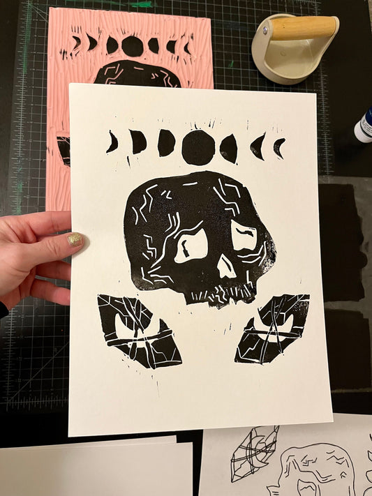 Moon Phase Skull and Crystal Linoblock Print