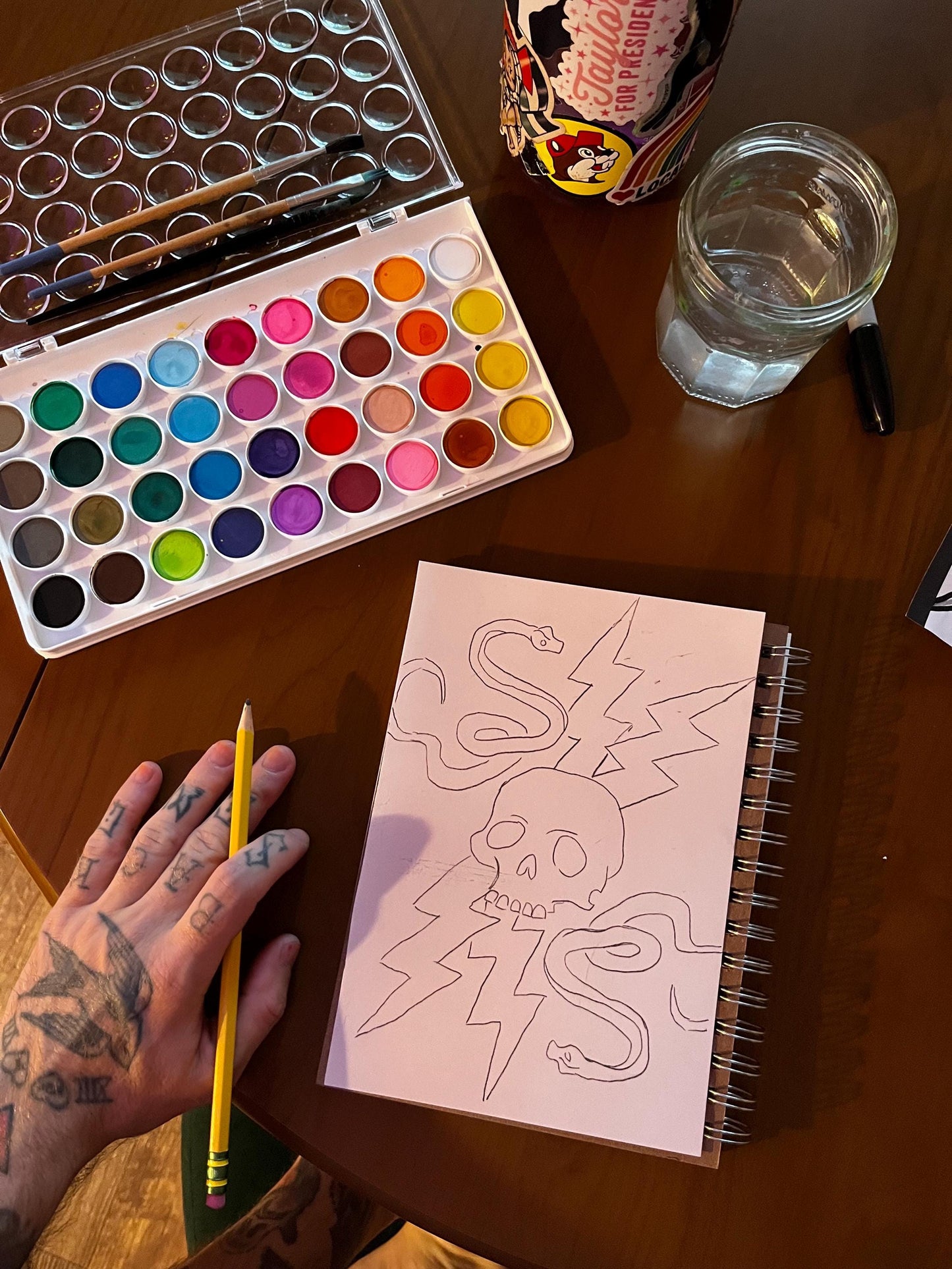 Skull, Snake and Lightning Watercolor, one of one.