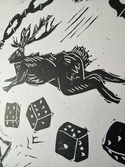 Dicey Jackalope Lino Block Print