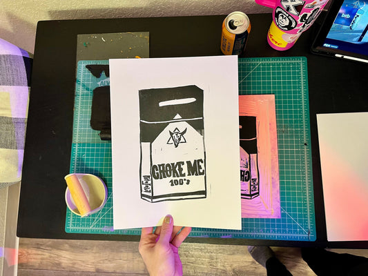 Choke Me Cigarette 12x9 Linoblock Print