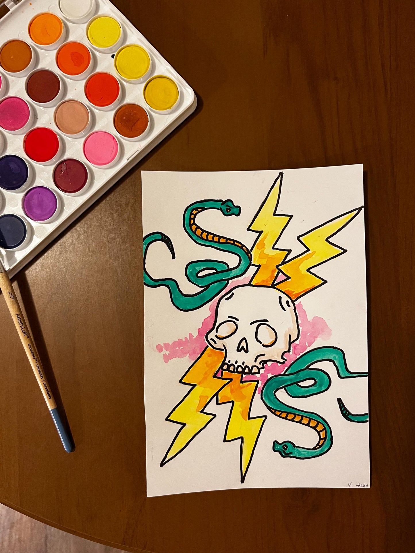 Skull, Snake and Lightning Watercolor, one of one.