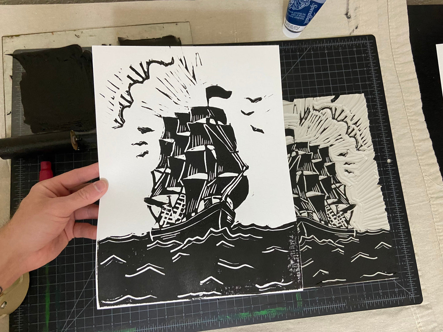 Clipper Ship Lino Block Print, 9x12”