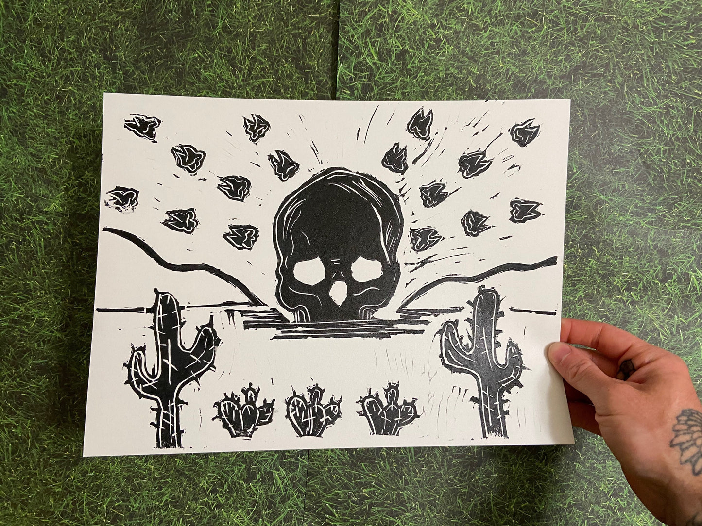 Sunset Skull Desert Lino Block Print