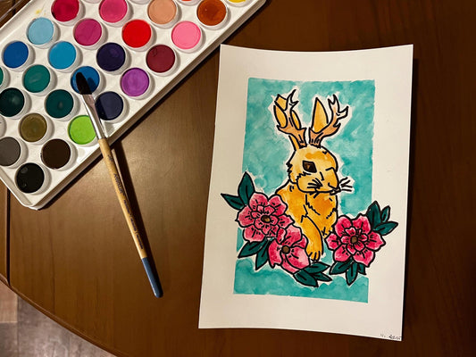 Jackalope Floral Watercolor, one of one.
