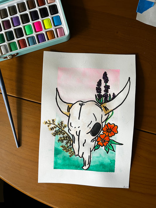 Cow Skull Wildflower Watercolor, one of one.