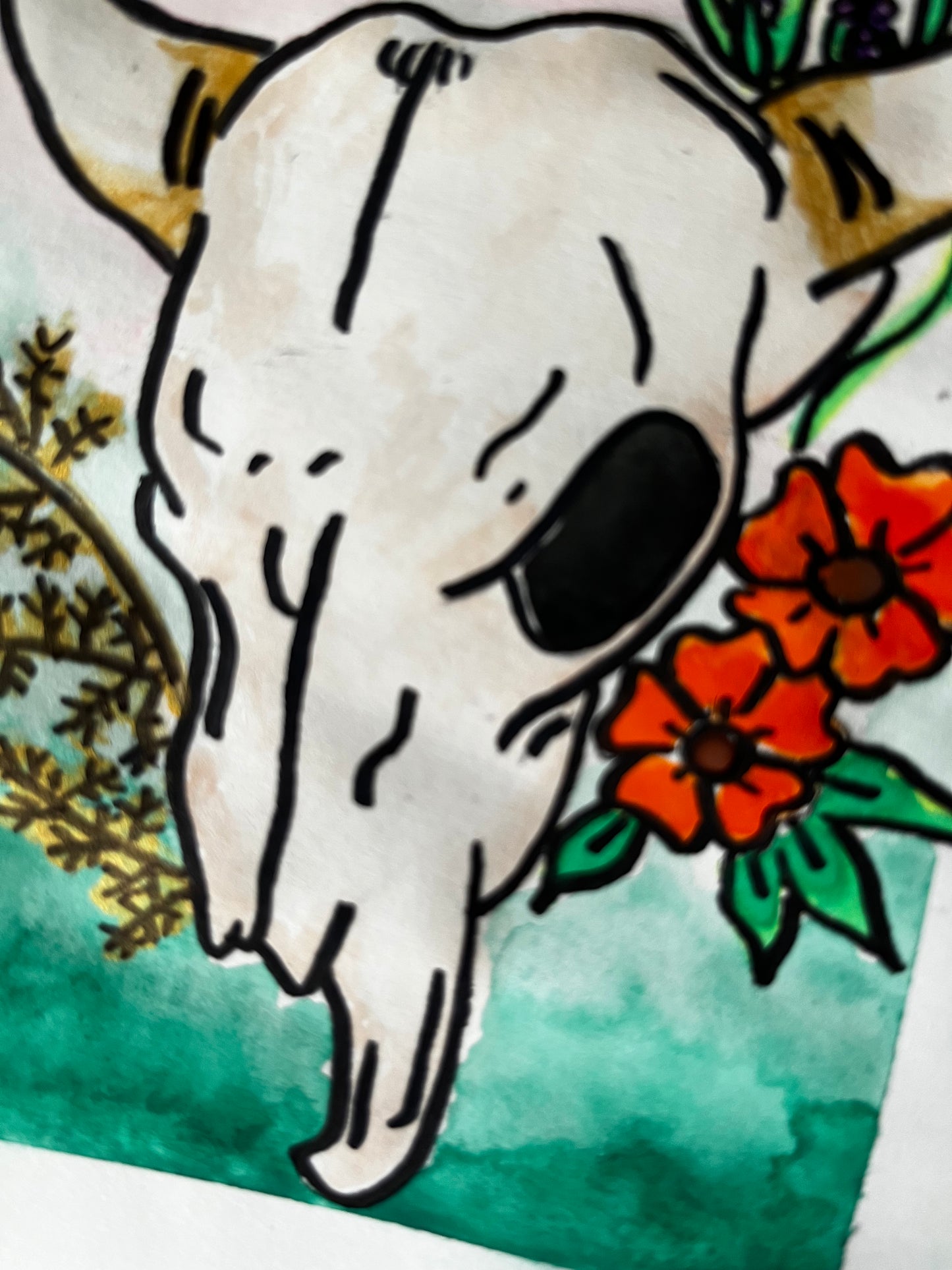 Cow Skull Wildflower Watercolor, one of one.