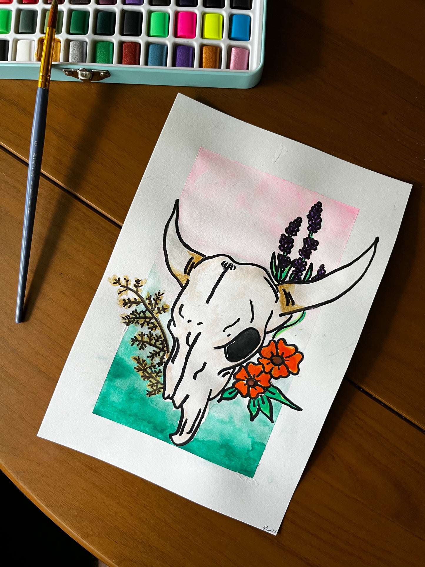 Cow Skull Wildflower Watercolor, one of one.