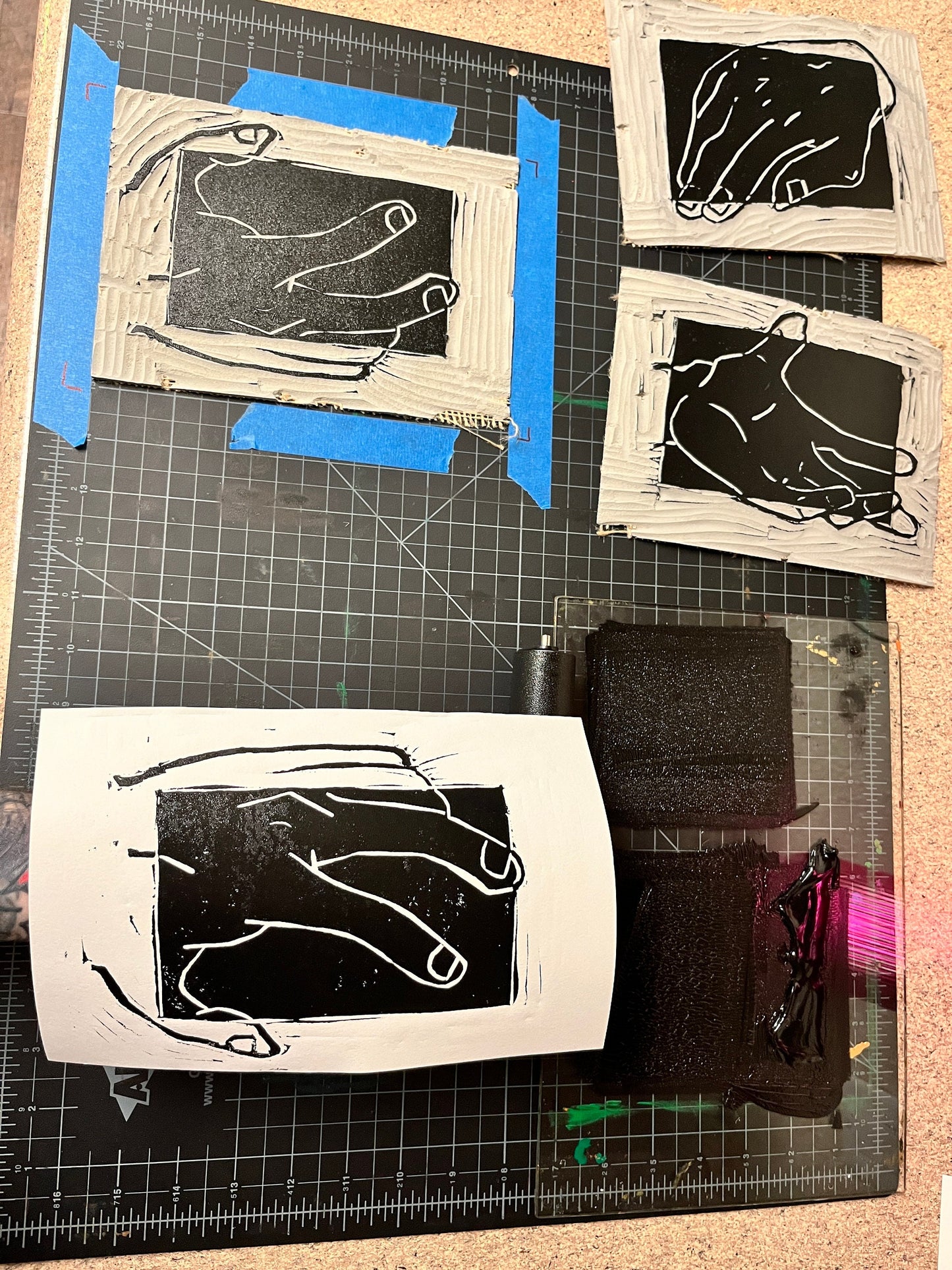 Triple Hand Gestures Lino Block Prints 6x8”