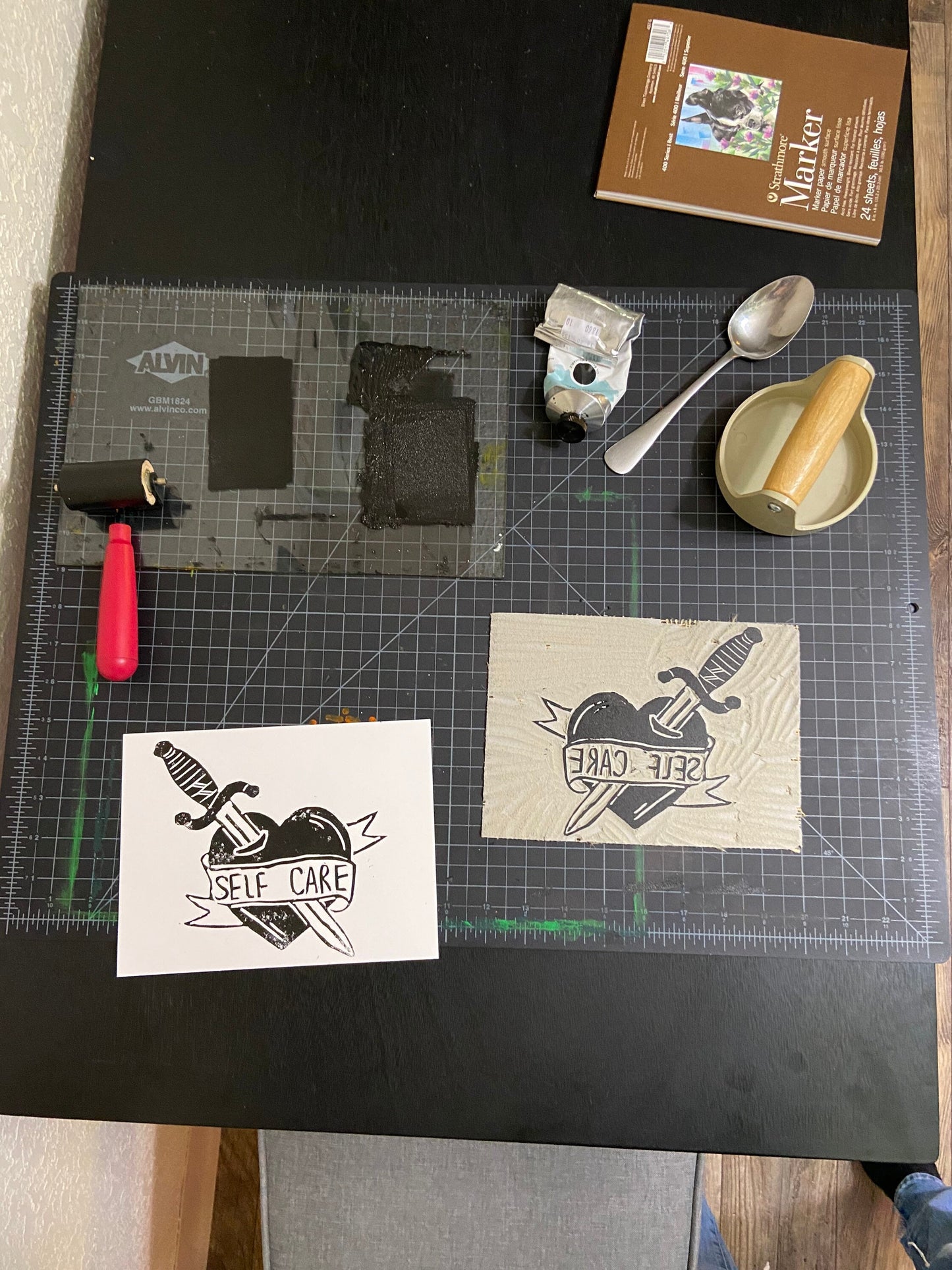 Self Care Dagger Heart Banner Lino block print