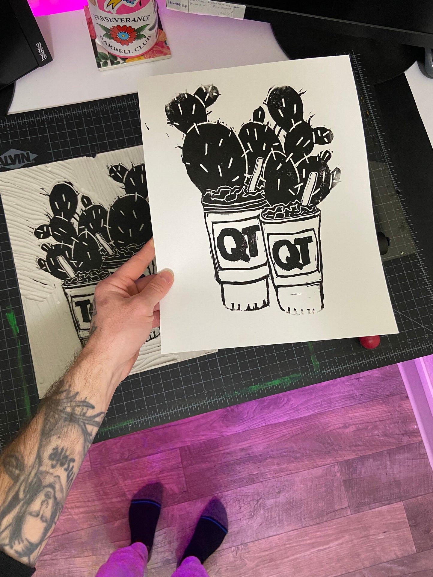 Gas Station Cactus Cup Lino Block Print, 9x12