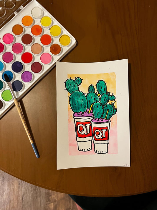 QT Gas Station Cacti Cup Watercolor, one of one.