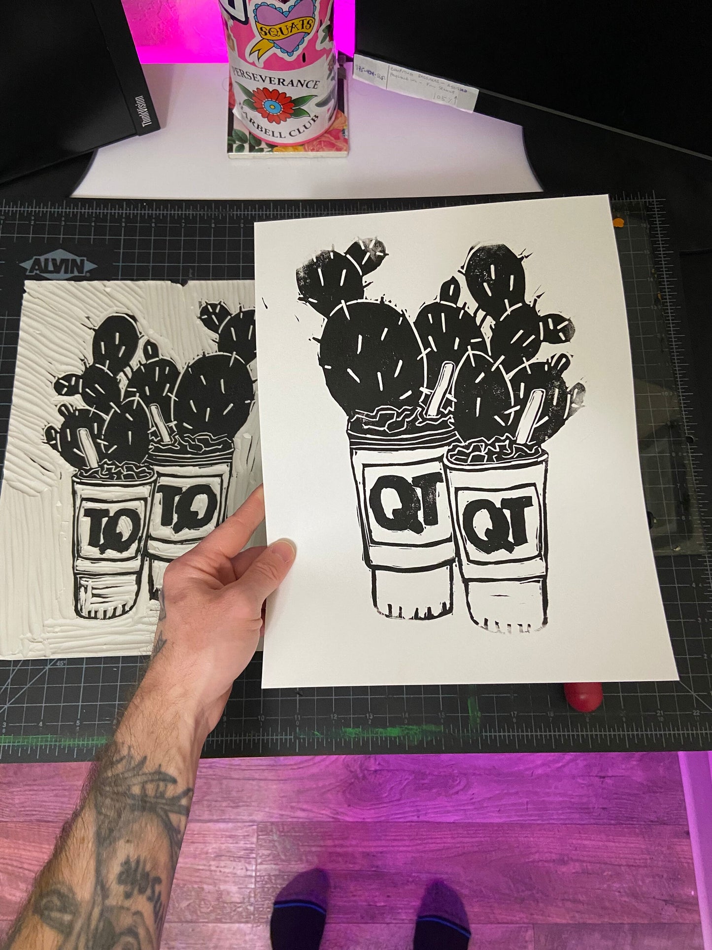 Gas Station Cactus Cup Lino Block Print, 9x12