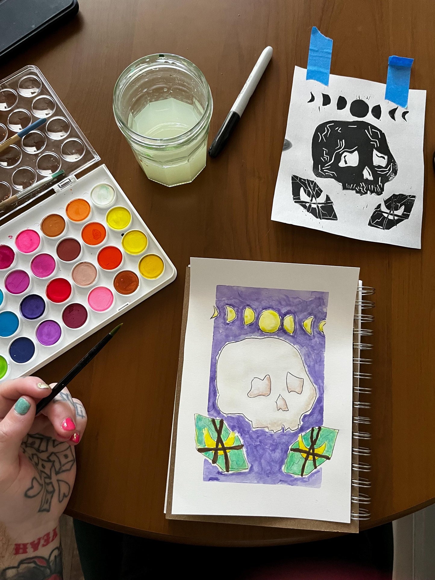 Skull, Moon and Crystal Watercolor, one of one.