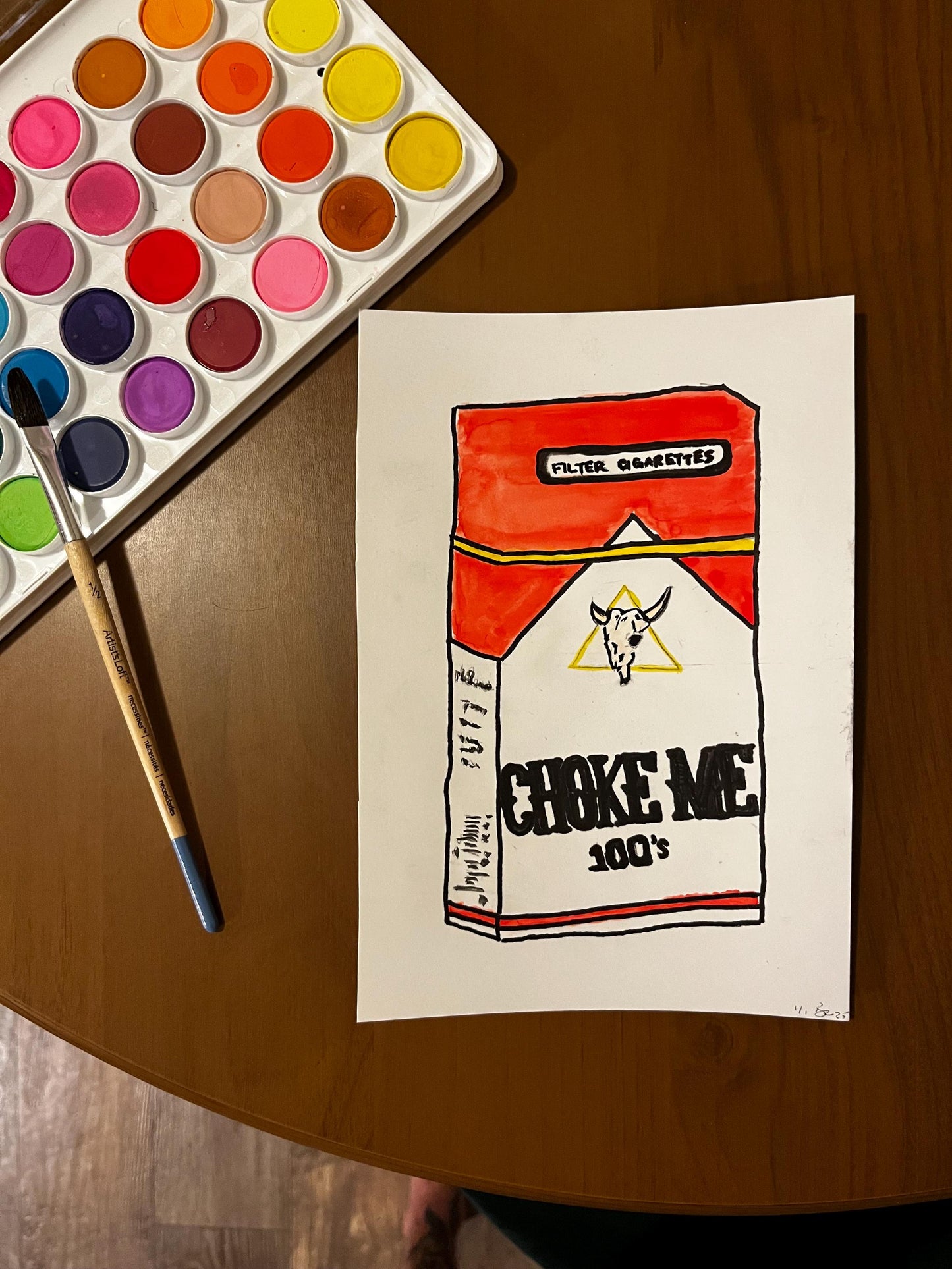 Cigarette Carton “Choke Me” Watercolor, one of one.