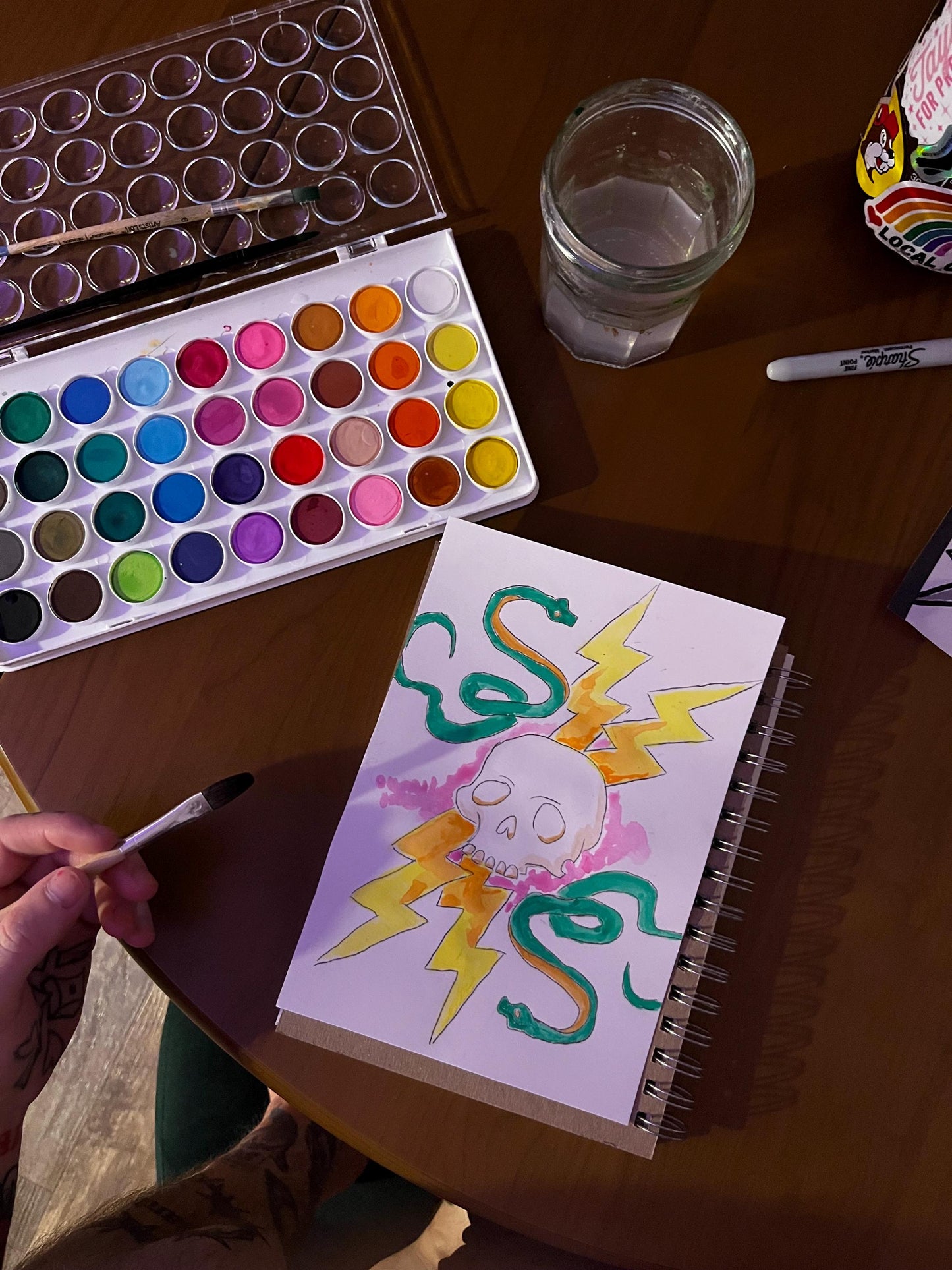 Skull, Snake and Lightning Watercolor, one of one.